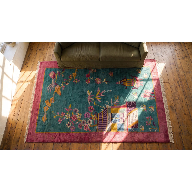 Green Antique Wool Floral Hand Knotted Pile 1920s Rectangle Rug
