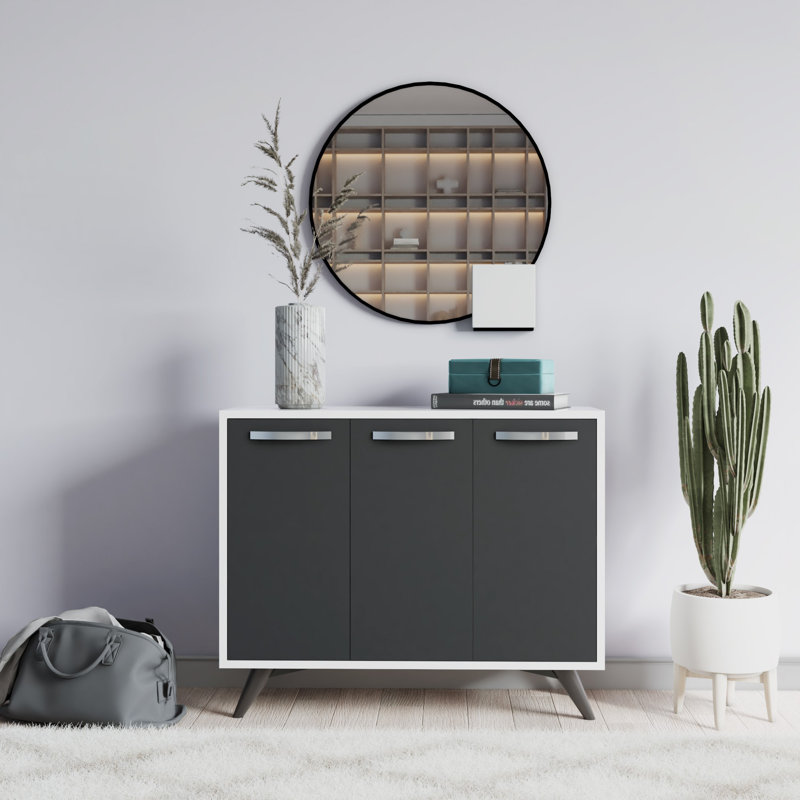Modern Multi-Purpose Cabinet with 4 Drawers & Numerous Shelves, White & Anthracite | 100% Melamine Coated Particle Board, Dimensions: 39.4 x 32.3 x 13.8 inches | Wall-Mountable, Stylish Design for Home & Office Storage