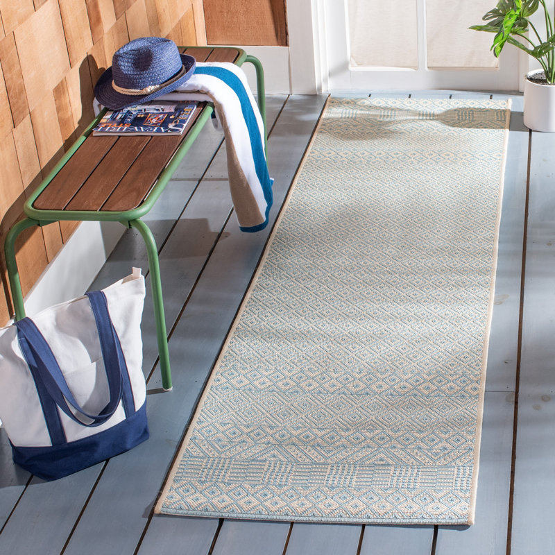 Tapis intérieur / extérieur beige / turquoise Lenwood, Tapis de couloir 2 pi 3 po x 12 pi