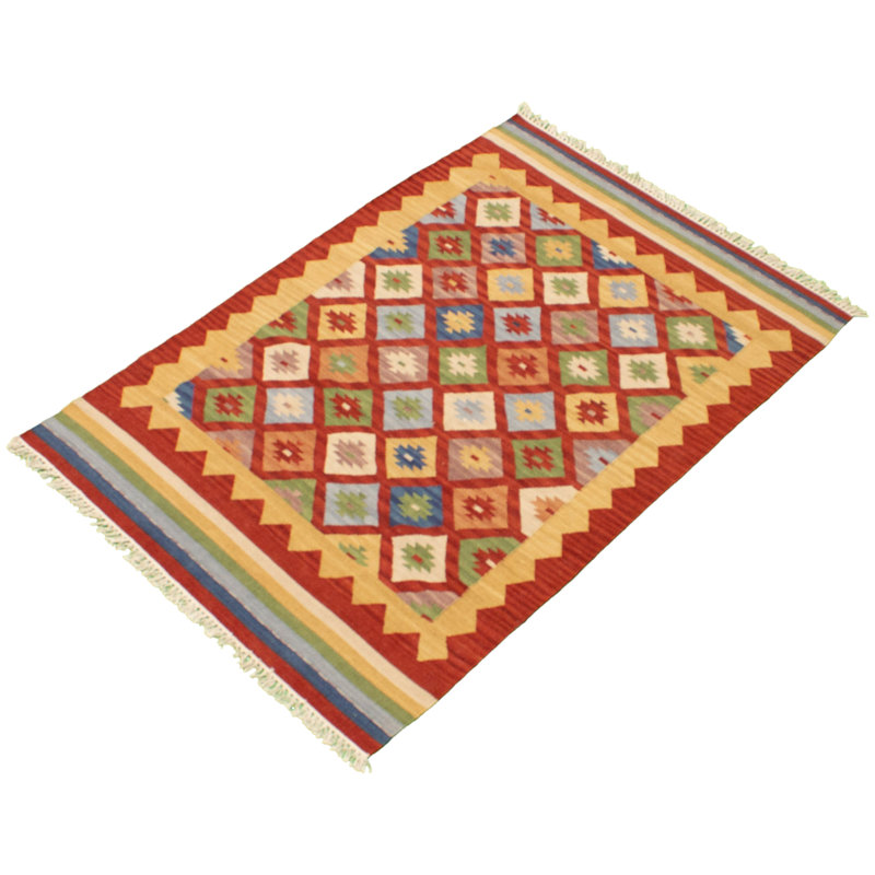 Kilim fabriqué à la main à motif géométrique en laine rouille/beige/vert Tapis décoratif, Rectangle 4 pi 1 po x 6 pi