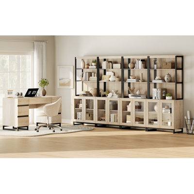  Ensemble de bureau: bureau moderne de 59 po avec station de charge et armoire de rangement, quatre bibliothèques de 72 po de hauteur avec tablettes, bureau d'ordinateur en bois et armoire de rangement pour bibliothèque
