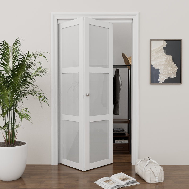 36 in. x 80 in. White Frosted Glass Solid Core MDF Bi-Fold Door