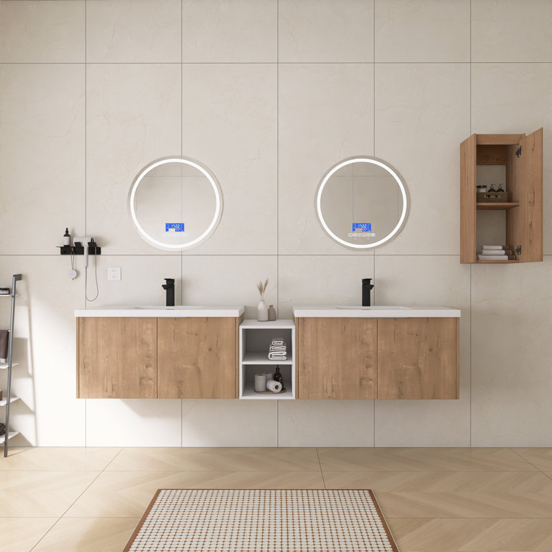 Ensemble de meuble-lavabo double 84 po avec lavabo en résine, petite tablette de rangement et armoire murale 84 po, 84"