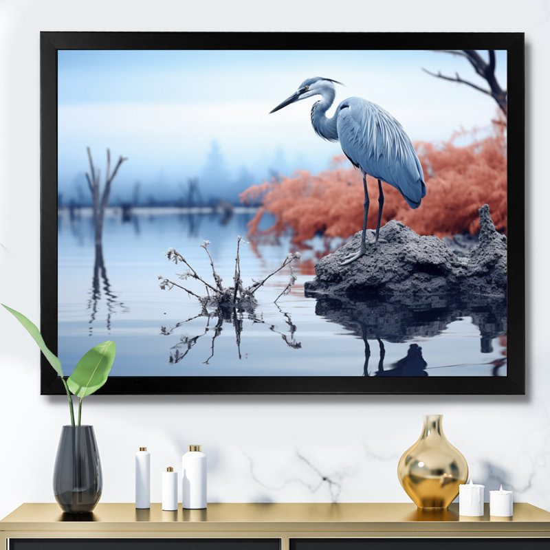Heron Silent Waters Blue - Animals Wall Decor, H 16 po x l 32 po x P 1 po, Cadre photo noir