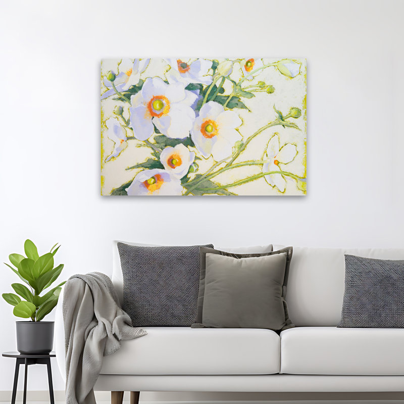 Lumière matinale brisée contemporaine florale blanc vert orange, H 48 po x l 32 po