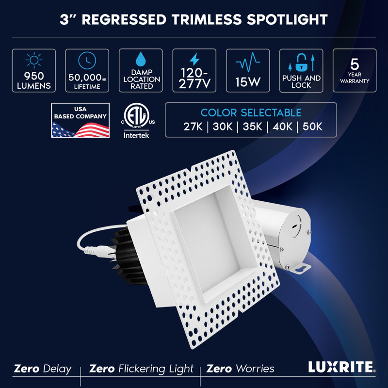 Projecteur carré à DEL 3 pouces LUXRITE, avec système de verrouillage à bouton-poussoir, sélectionnable 5CCT, 15W, 950LM, ETC double gradation 120-277V ETL, lot de 4