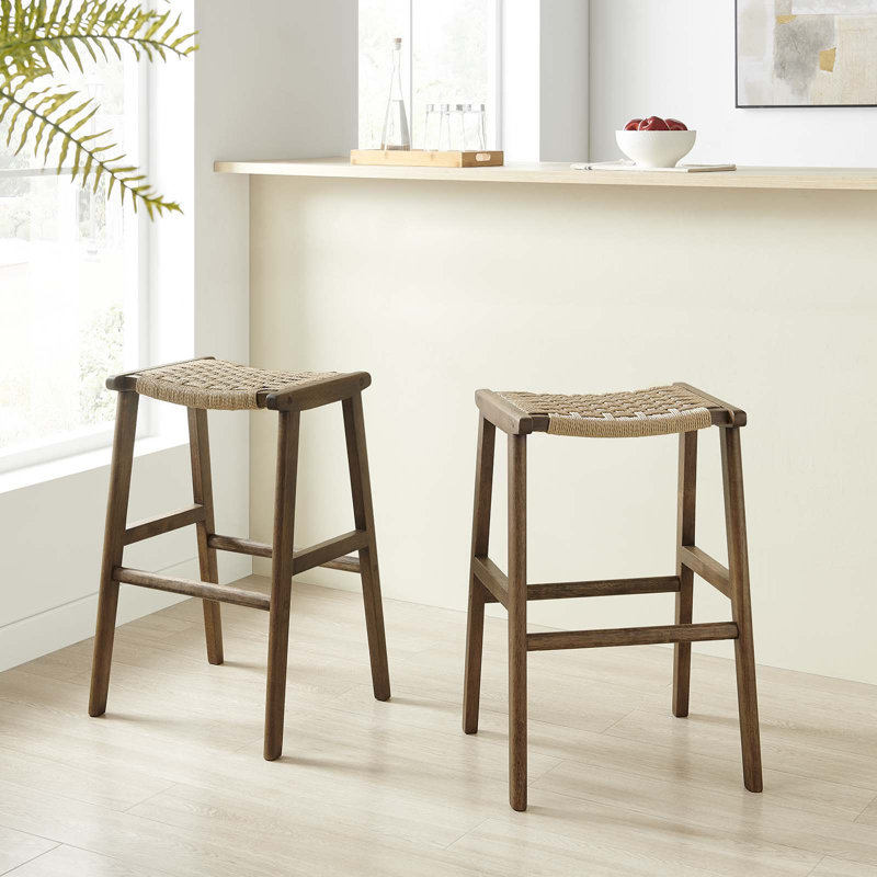 Modway Saoirse Counter/Bar Stools, Bar Stool (29.5” Seat Height), Natural Rope/Walnut Frame