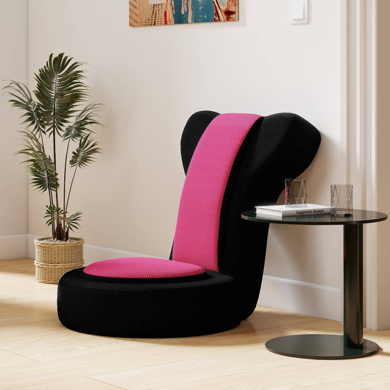 Lazy Sofa Chair with Adjustable Headrest & Backrest, Sponge Padded Seat,Metal Frame, Black + Pink