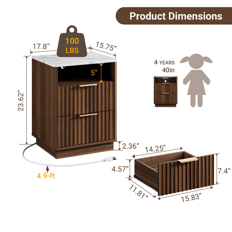 Seyla 18''W Nightstand Set of 2 with 2-Drawer Open Cubby, Built-In Charge Outlets, Walnut Wood Grain/White Stone
