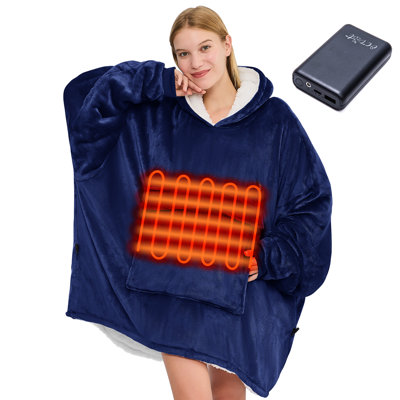 Battery Operated Heated Wearable Blanket Hoodie - Oversized Sherpa Fleece with Giant Pocket, Hood & Sleeves, Gift for Women & Adults