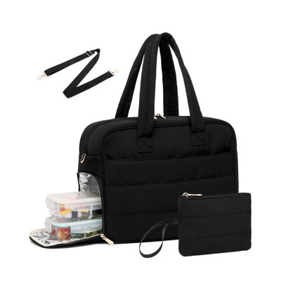 Sac fourre-tout en nylon matelassé noir pour femme avec pochette pour ordinateur portable 17,7 po, compartiment repas isolé, porte-monnaie et courroie détachable - travail spacieux, sac à main