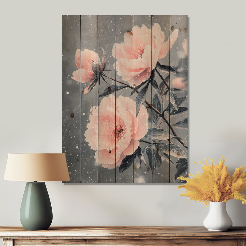 Peonies In The Winter Wind II - Peonies Wood Print - On Natural Pine Wood, 44" H x 34" W x 0.78" D