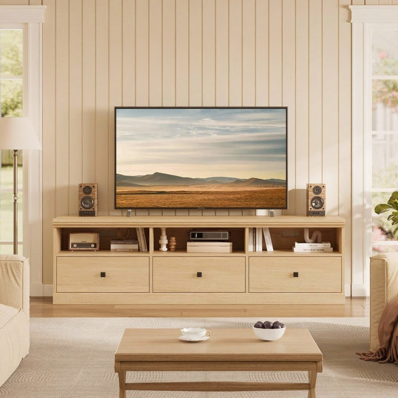 Console de télévision, avec tablettes ouvertes et tiroir de rangement, Naturel