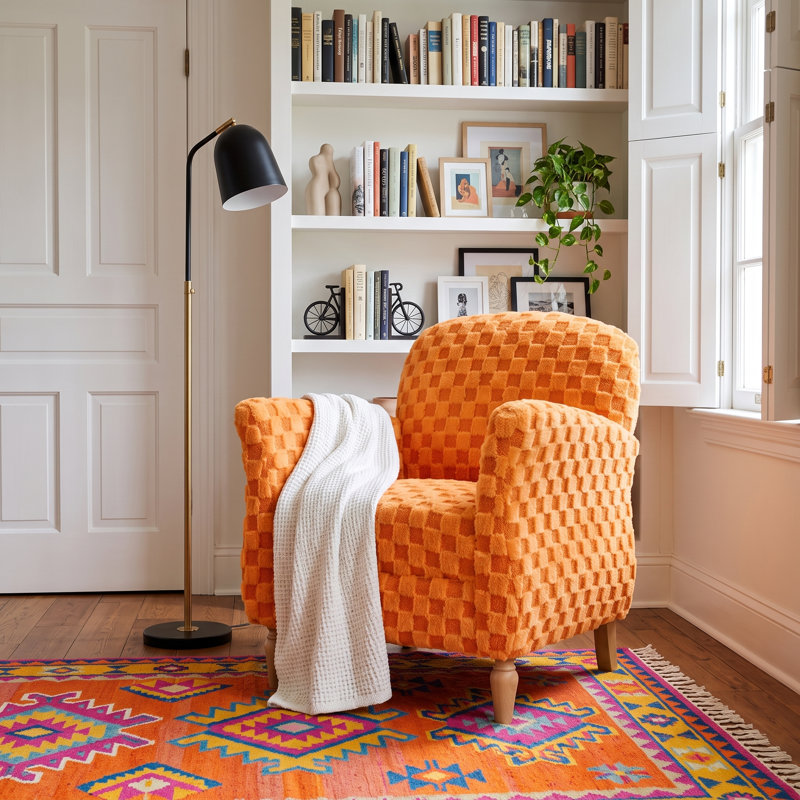 Fauteuil d'appoint confortable en velours côtelé à motif arlequin avec accoudoirs de salon, Orange
