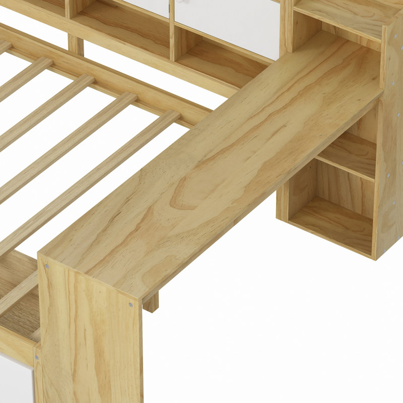 Wooden L-Shape Daybed With Seven Storage Cabinets And Two Storage Drawers, Multi-Functional Bed With Study Desk And Built-In Bookshelf