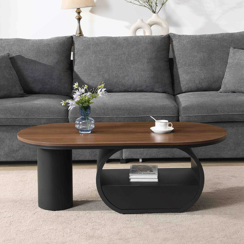 Table basse ovale de luxe industrielle, table basse de 47,24 po avec tiroir de rangement, centre de table en métal noir, Brun