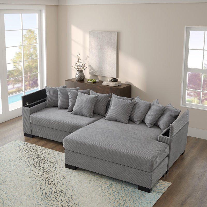 Canapé modulaire en velours côtelé avec rangement convertible et accoudoirs Garrett, Velours côtelé gris