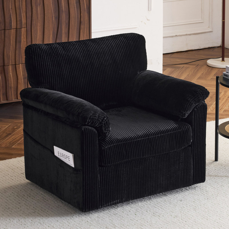 Fauteuil demi-tonneau pivotant 33 po, fauteuil rembourré avec poches latérales, Chenille noir