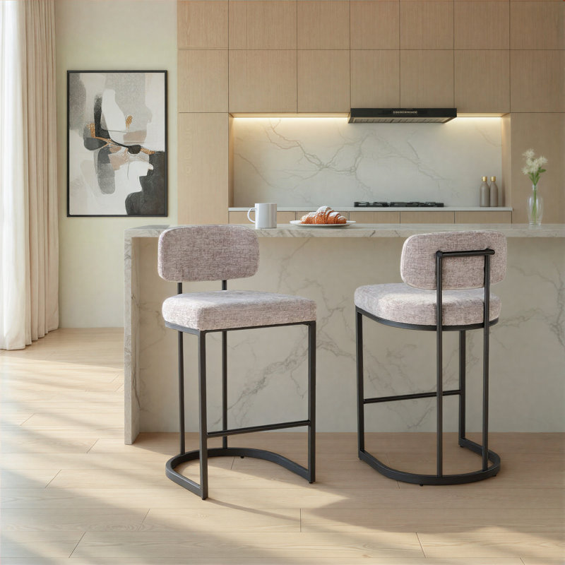 Erma Mid-Back 26" Fixed-Height Counter Stools (Set of 2), Light Gray Seat/Black Frame