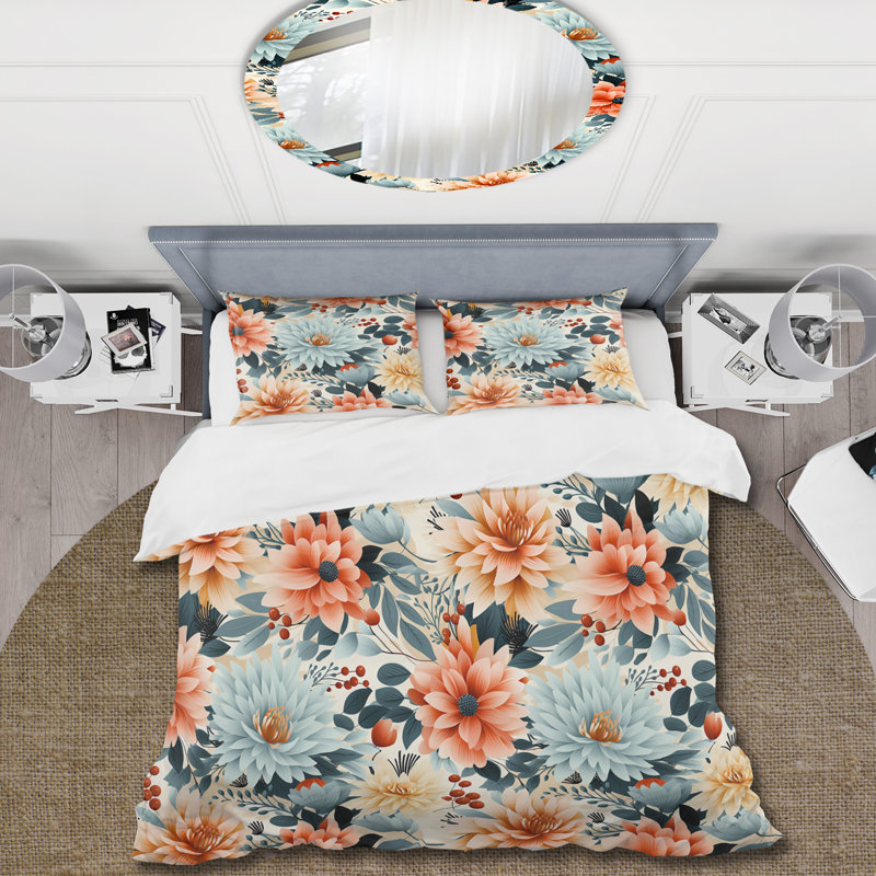 Ensemble de housse de couette à motif floral Blue And Red Geometric Dahlia Harmony Elegance