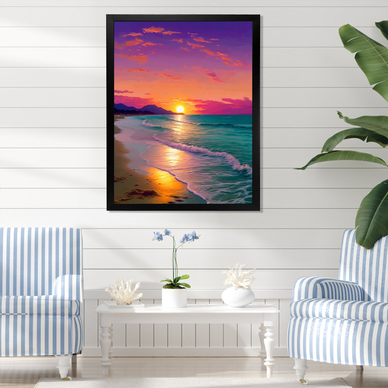 Coucher de soleil harmonie côtière sérénité II - plage de sable, art mural, Cadre flottant noir, H 20 po x l 12 po x P 1 po