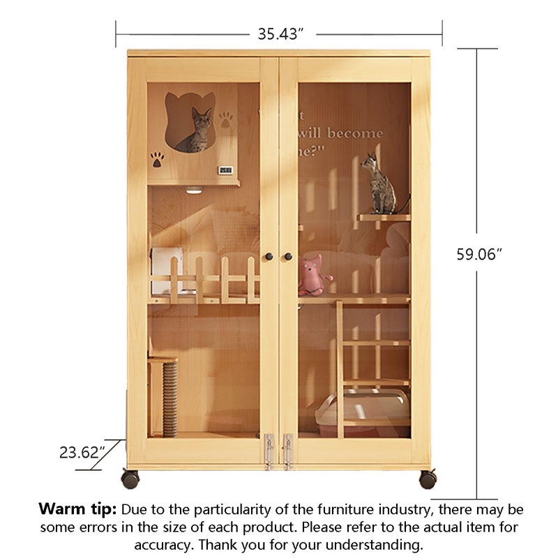 Double-door Solid Varnished Pine Cat House with Night Light