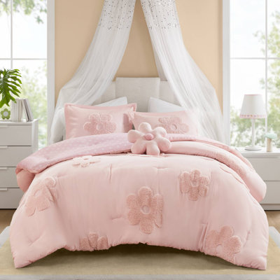 Gracie Floral Reversible Tufted Chenille Comforter Set With Flower Throw Pillow