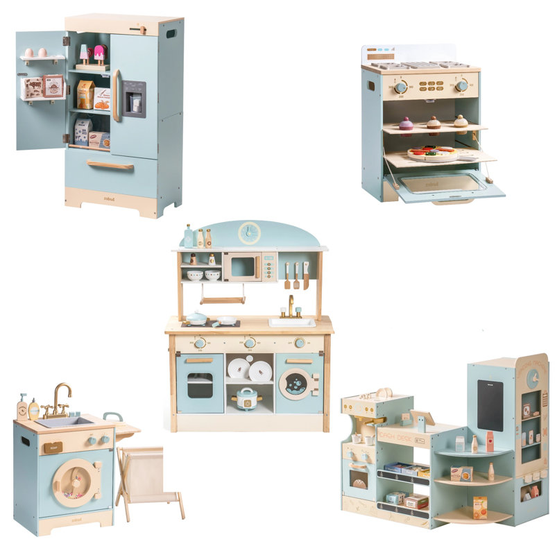 Ensemble de cuisine avec réfrigérateur, four, cuisine de jeu en bois et accessoires
