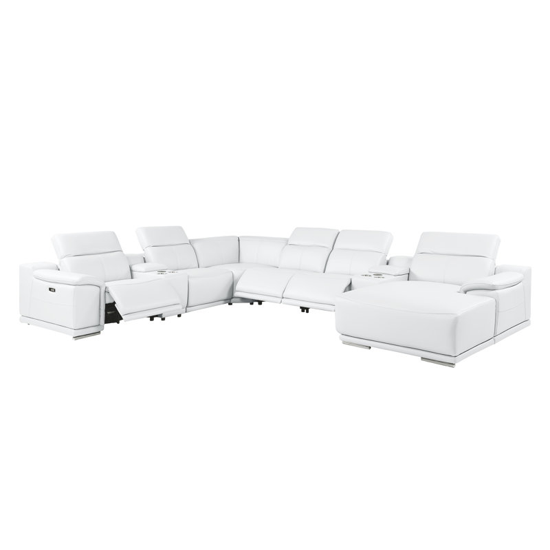 Canapé modulaire blanc en L en cuir véritable de 8 pièces faisant face à la droite avec 3 fauteuils inclinables électriques et appuis-tête réglables