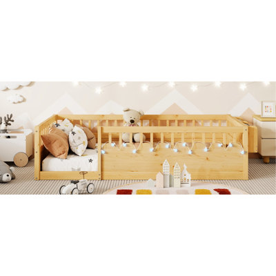 Twin Floor Bed With High Rails, Wood Led Lighting And Storage Shelf, Solid Pine+ Structure, 2.7-Inch Fence Gap, 19.7-Inch Surrounding , Low To Ground For Freedom Of Activity Frame Guardrails, Natural