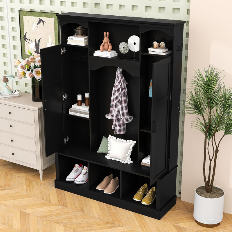 Hall Tree with Adjustable Shelves, Storage Bench and 7 Hooks, Black
