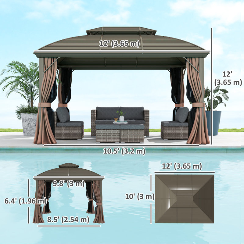 Pavillon de jardin à toit rigide en métal 10 pi x 12 pi avec rideaux et filet, café