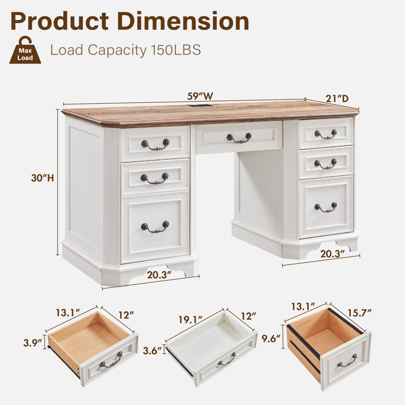 Bureau de direction 59 po avec rangement, bureau d'ordinateur personnel en bois avec station de charge, tiroirs à dossiers et armoire de rangement