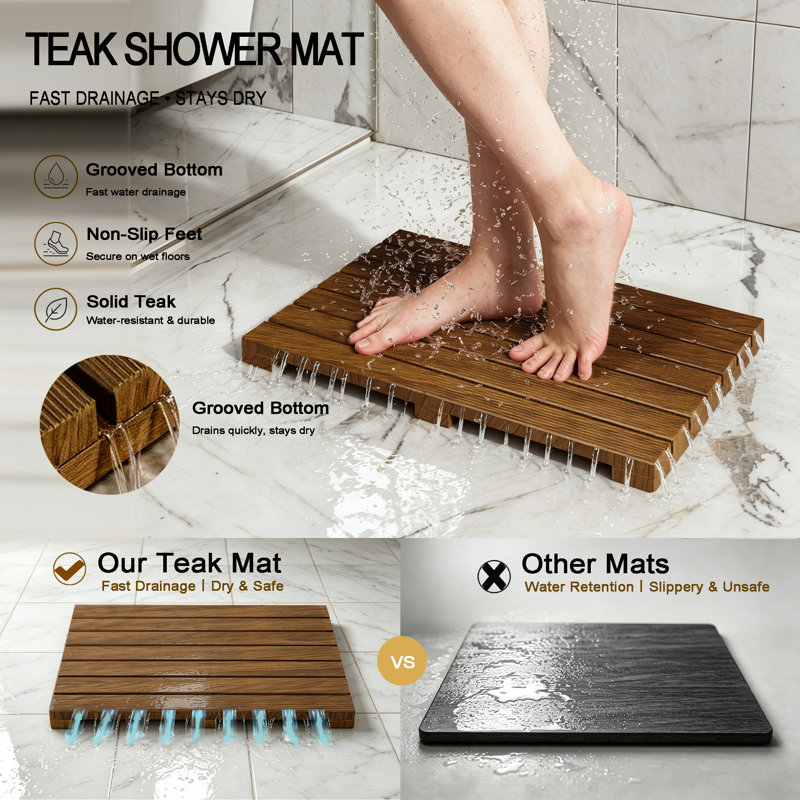 Youngquist Teak Non-Slip Shower Mat, 14" W x 21" L