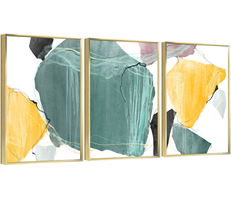 Abstrait aluminium encadré, ensemble de 3 reproductions d'art encadrées sur toile 2, H 24,3 po x l 48,3 po x P 1,65 po, Or