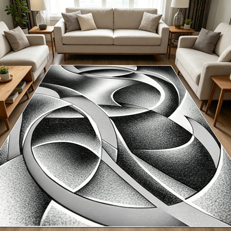 1PC black and white abstract 3D geometric swirl ribbon area rugs for Living Room, Soft and Comfortable, Suitable for all seasons, easy-to-maintain, machine washable Indoor floor mat, Under Table Farmhouse suitable for dining table, bedroom, entryway,