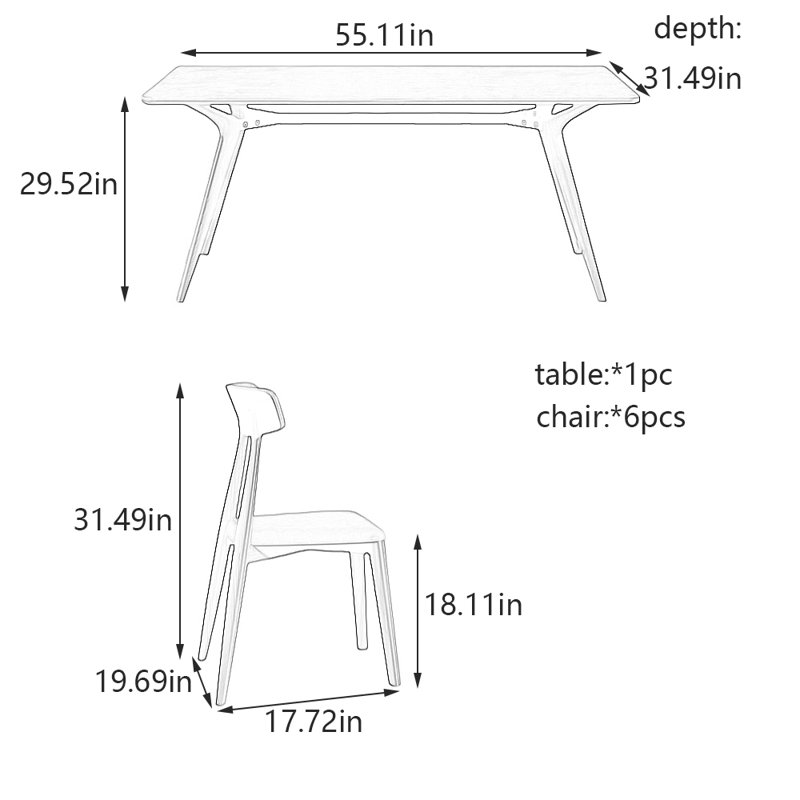Ensemble de chaises de table de salle à manger en bois massif et en pierre, H 29,52 po x L 55,11 po x l 31,49 po