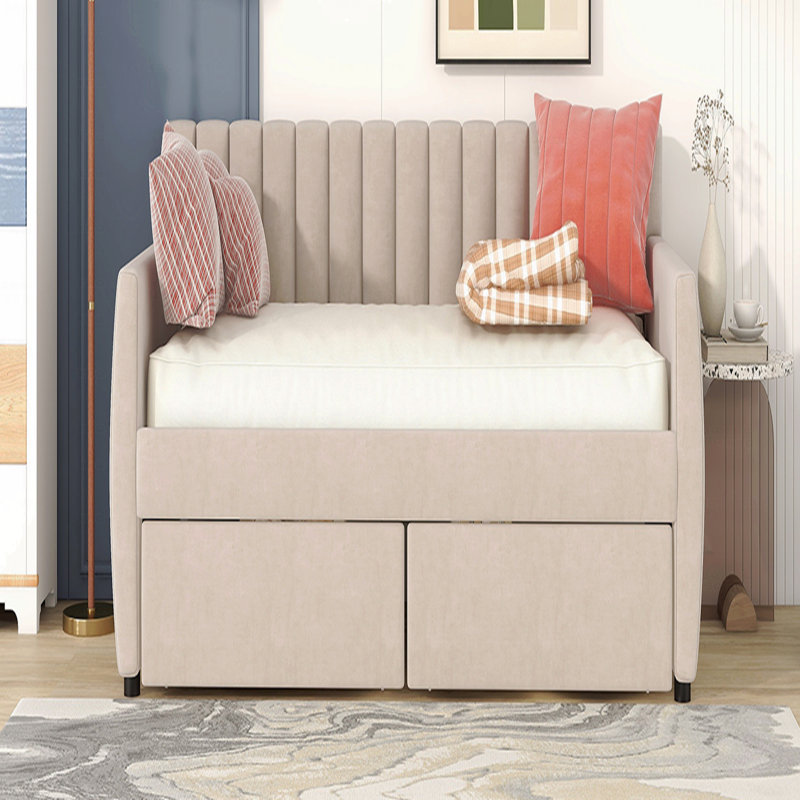 Lit de jour simple tapissier avec tiroirs, support en lattes de bois, Beige
