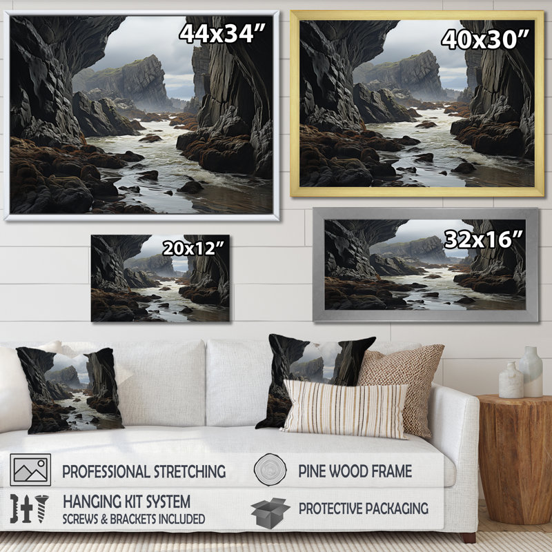 Clifs Landcape Grey Symetry I - impression, Cadre flottant noir, H 16 po x l 32 po x P 1 po