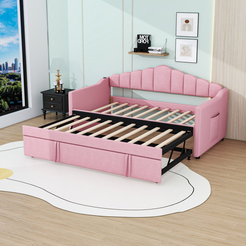 Twin Upholstered Daybed with Pop Up Trundle, USB Port and Side Pockets, Pink