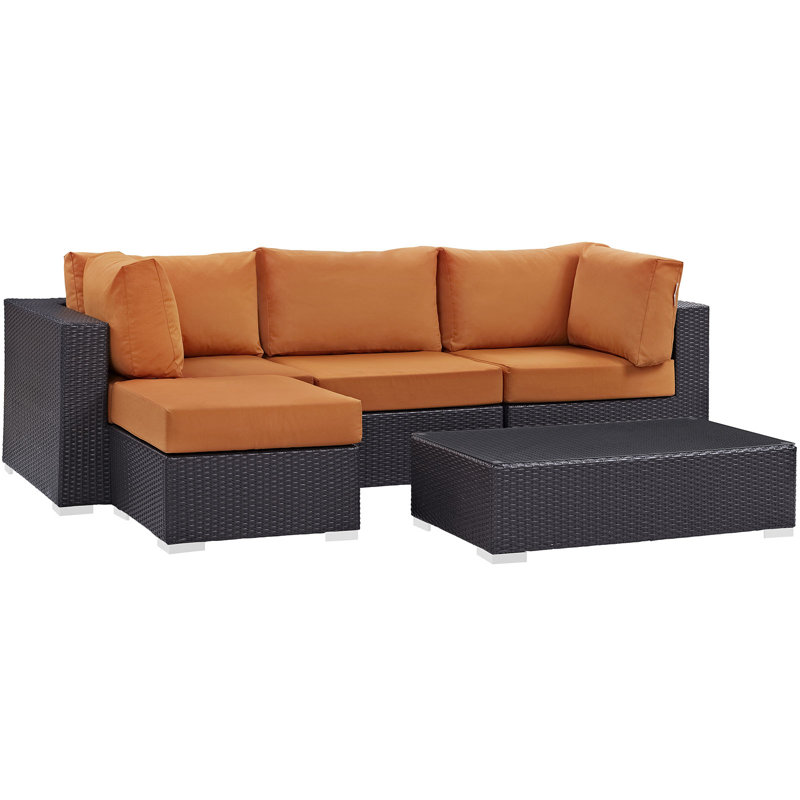 Ensemble de conversation modulaire en rotin 5 pièces avec coussins Convene, Orange