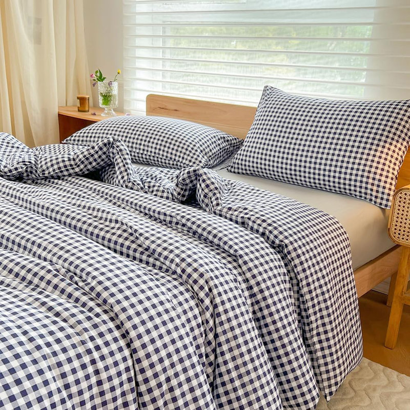 Ensemble d'édredon en microfibre prélavée Gingham, Vichy écossais bleu marine, Édredon très grand et 2 taies d'oreiller