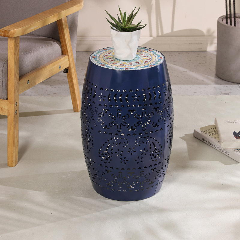 Table d'appoint en métal avec plateau en céramique Ifrane, Bleu foncé