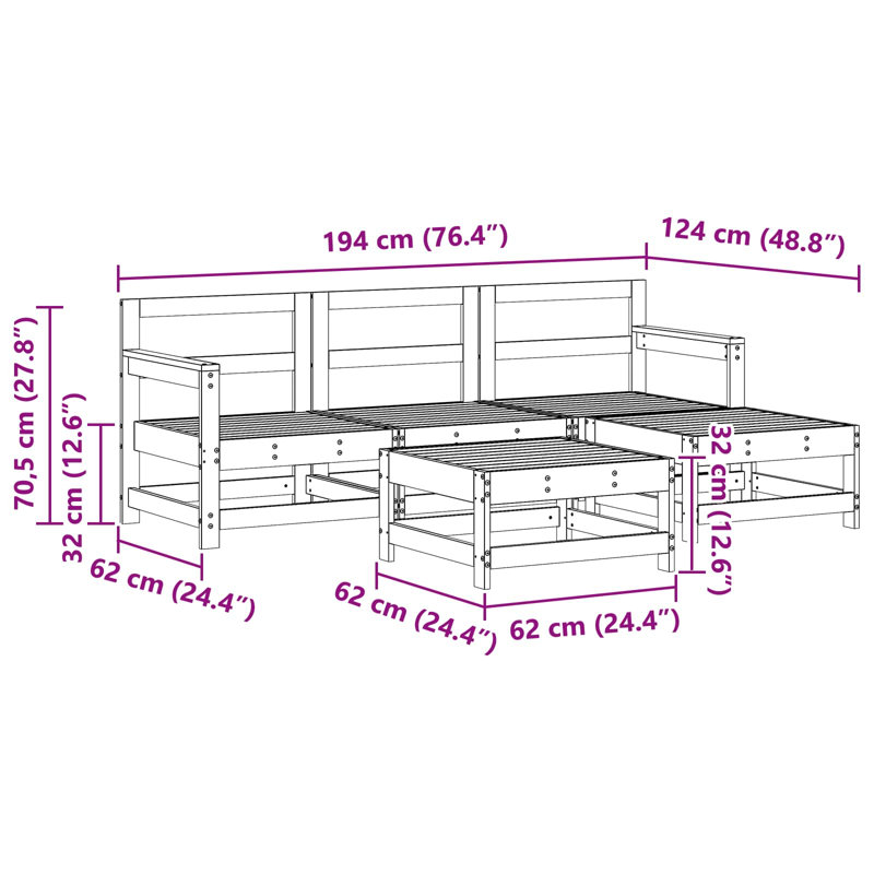  Garden Lounge Set 5 Pcs Solid Pine Wood Furniture Outdoor Sofa Seating, Right Hand Facing