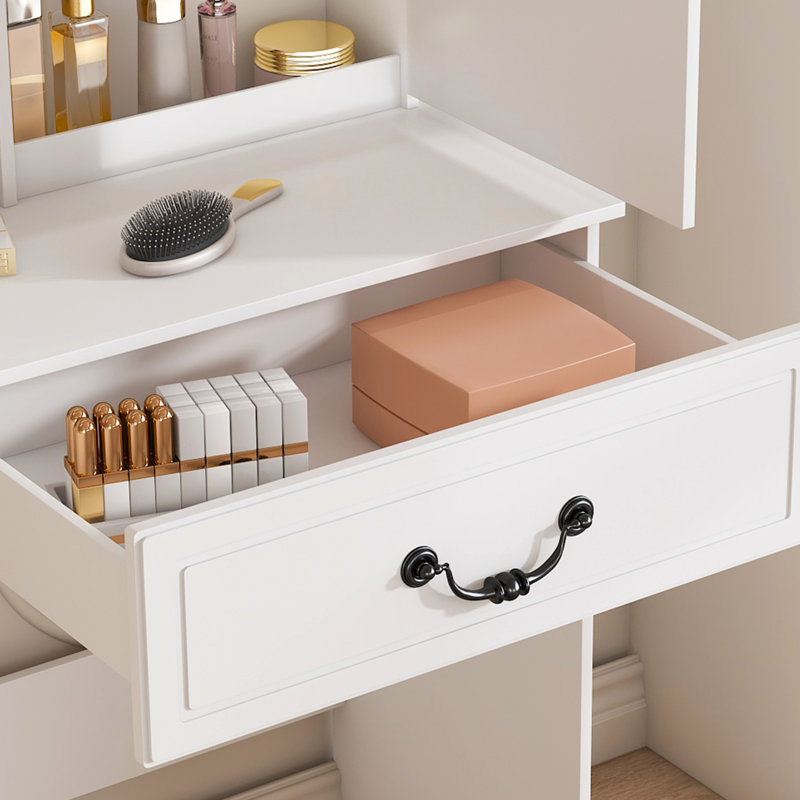 Coiffeuse à luminosité réglable avec miroir à DEL, rangement intelligent, tablettes à plusieurs niveaux, tabouret rembourré blanc pour les compartiments de bureau