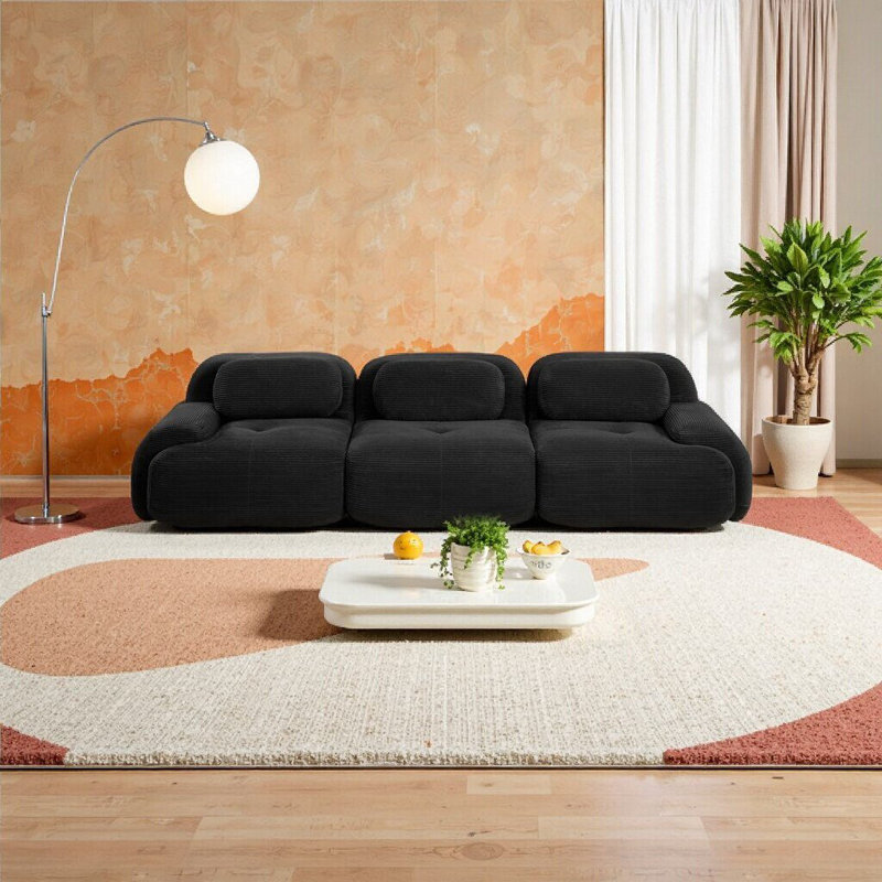 Elegant Camel 3-Seat Modular Sofa with Corduroy Fabric – No Assembly Needed, Perfect for Living Room & Bedroom, Black