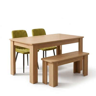 Dining Table Set with 2 Green Velvet Diamond Chairs and Oak Effect Bench 4 Seater