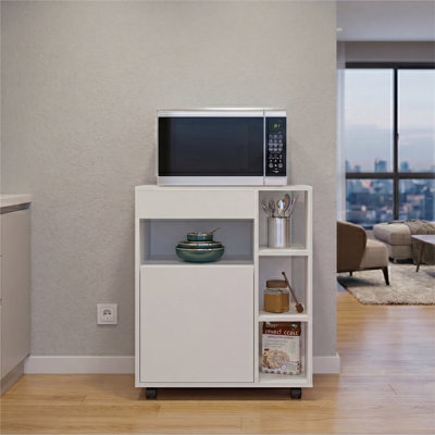 Kaito Microwave Cart And Cabinet, Freestanding Compact Sideboard With 1 Door Cabinet, Appliance Surface, 3 Side Open Shelves And, Open Upper Shelf