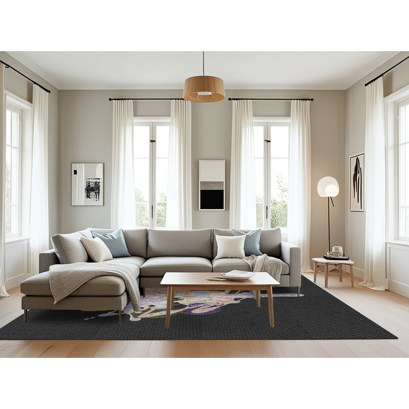 Tapis noir/zone mauve à motifs, Rectangle 8 pi x 12 pi