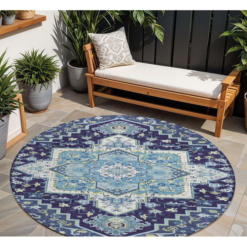 Tapis rond lavable intérieur / extérieur ivoire et noir 8 pi